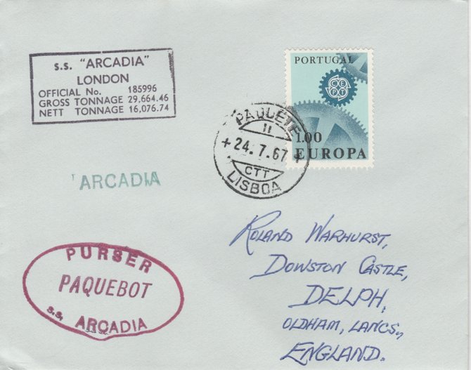 Portugal 1967 Paquebot cover to England carried on SS Arcadia with various paquebot and ships cachets , stamps on paquebot