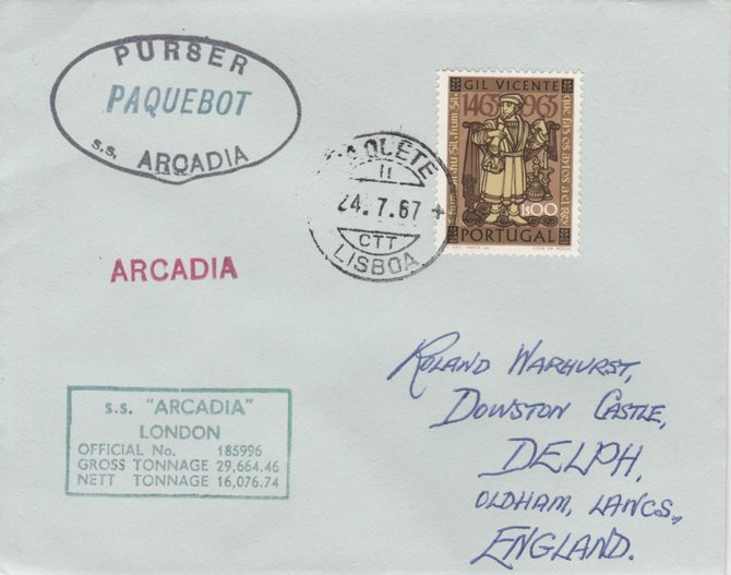 Portugal 1967 Paquebot cover to England carried on SS Arcadia with various paquebot and ships cachets , stamps on , stamps on  stamps on paquebot