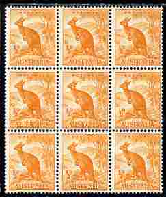 Australia 1948-56 Kangaroo 1/2d coil block of 9 SG 228c, stamps on , stamps on  stamps on animals, stamps on  stamps on  kg6 , stamps on  stamps on kangaroo