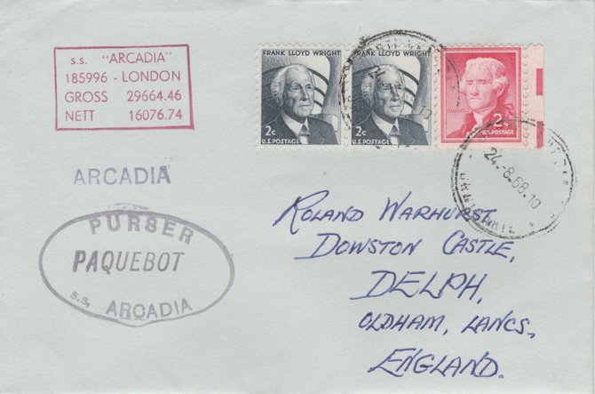 USA used in Las Palmas  1968 Paquebot cover to England carried on SS Arcadia with various paquebot and ships cachets , stamps on paquebot