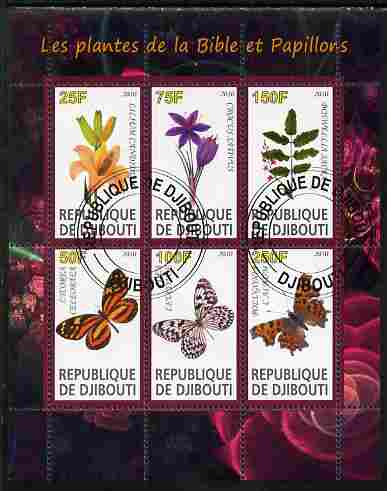 Djibouti 2010 Butterflies & Plants from the Bible #2 perf sheetlet containing 6 values fine cto used, stamps on butterflies, stamps on flowers, stamps on bible, stamps on religion