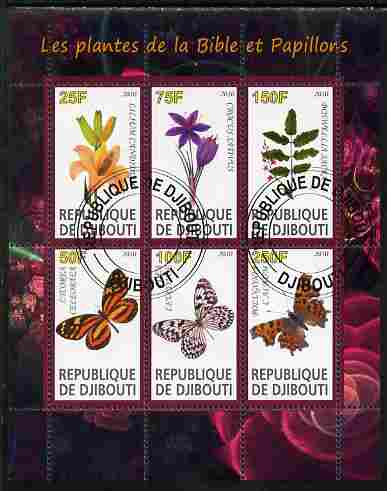 Djibouti 2010 Butterflies & Plants from the Bible #2 perf sheetlet containing 6 values fine cto used, stamps on , stamps on  stamps on butterflies, stamps on  stamps on flowers, stamps on  stamps on bible, stamps on  stamps on religion