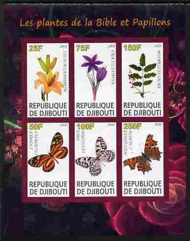 Djibouti 2010 Butterflies & Plants from the Bible #2 imperf sheetlet containing 6 values unmounted mint, stamps on , stamps on  stamps on butterflies, stamps on  stamps on flowers, stamps on  stamps on bible, stamps on  stamps on religion