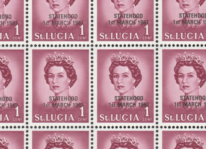 St Lucia 1967 unissued 1c crimson with Statehood overprint in black complete sheet of 100 unmounted mint folded along central perfs (see note after SG 240). Note, this sheet also includes the constant variety 'Flaw on L' on stamp R4/6, stamps on constitutions