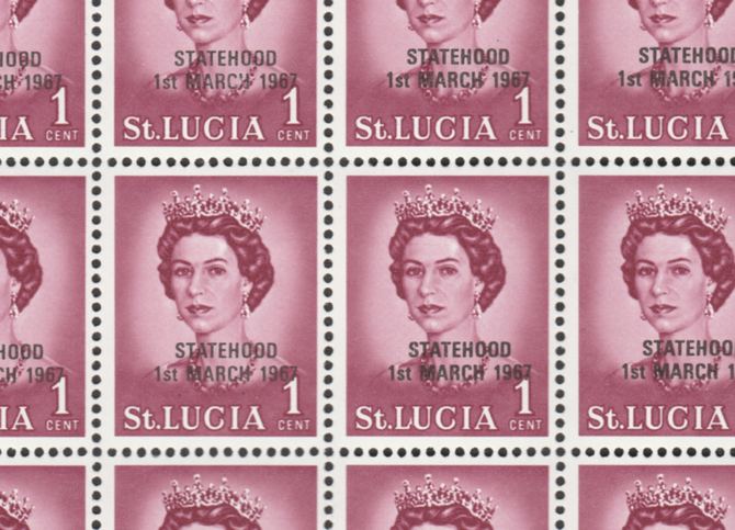 St Lucia 1967 unissued 1c crimson with Statehood overprint in black complete sheet of 100 unmounted mint folded along central perfs (see note after SG 240). Note, this sheet also includes the constant variety 'Flaw on L' on stamp R4/6, stamps on , stamps on  stamps on constitutions