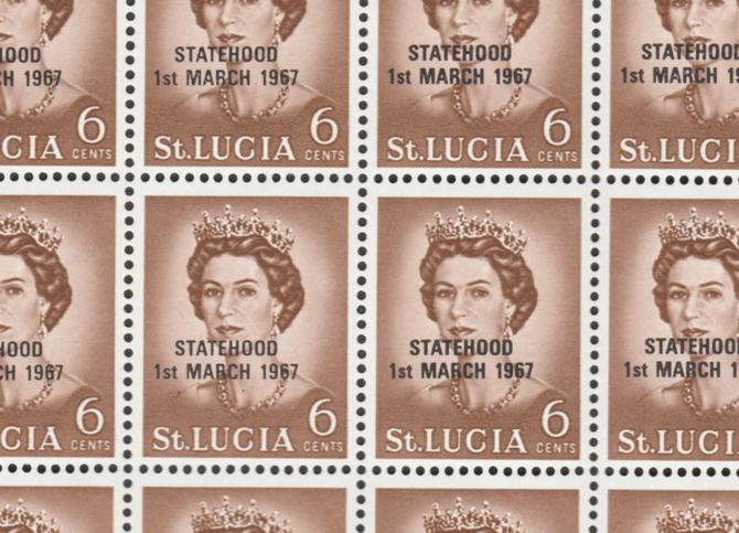 St Lucia 1967 unissued 6c yellow-brown with Statehood overprint in black complete sheet of 100 unmounted mint folded along central perfs (see note after SG 240), stamps on constitutions