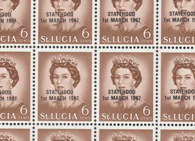 St Lucia 1967 unissued 6c yellow-brown with Statehood overprint in black complete sheet of 100 unmounted mint folded along central perfs (see note after SG 240), stamps on , stamps on  stamps on constitutions