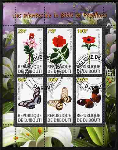 Djibouti 2010 Butterflies & Plants from the Bible #3 perf sheetlet containing 6 values fine cto used, stamps on , stamps on  stamps on butterflies, stamps on  stamps on flowers, stamps on  stamps on bible, stamps on  stamps on religion