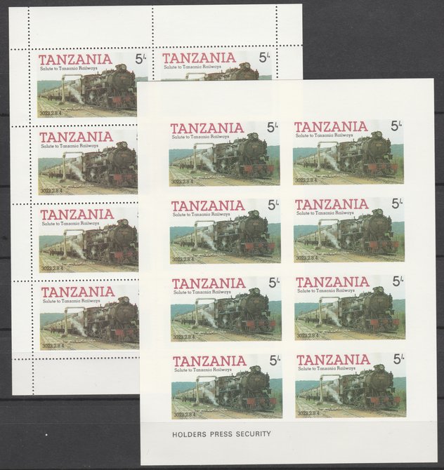 Tanzania 1985 Railways (1st Series) 5s value in complete imperf sheetlet of 8 plus perforated normal sheet, both unmounted mint as SG 430, stamps on , stamps on  stamps on railways