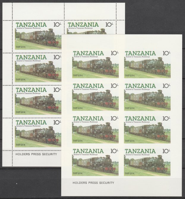 Tanzania 1985 Railways (1st Series) 10s value in complete imperf sheetlet of 8 plus perforated normal sheet, both unmounted mint as SG 431, stamps on railways