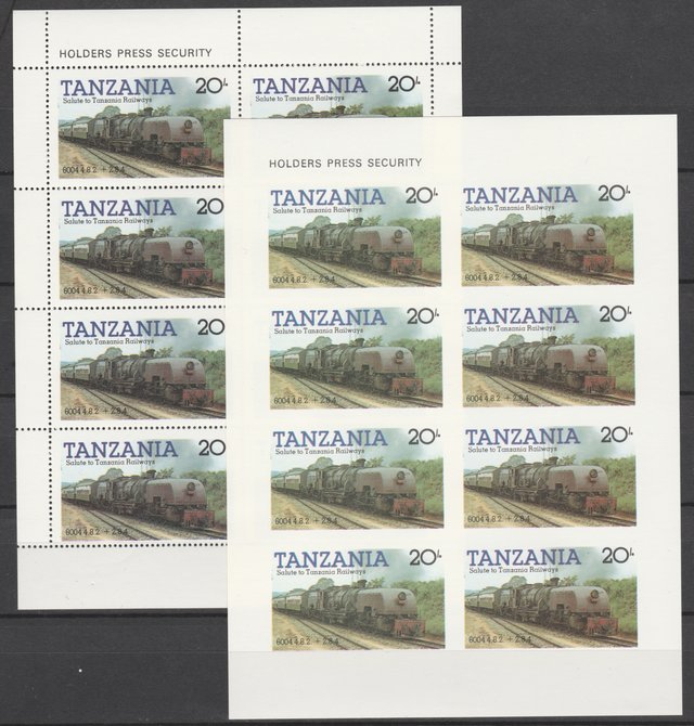 Tanzania 1985 Railways (1st Series) 20s value in complete imperf sheetlet of 8 plus perforated normal sheet, both unmounted mint as SG 432, stamps on , stamps on  stamps on railways