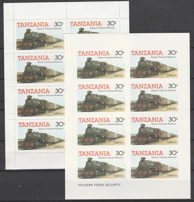 Tanzania 1985 Railways (1st Series) 30s value in complete imperf sheetlet of 8 plus perforated normal sheet, both unmounted mint as SG 433, stamps on , stamps on  stamps on railways