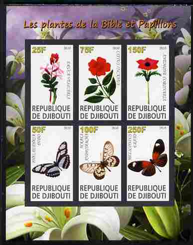 Djibouti 2010 Butterflies & Plants from the Bible #3 imperf sheetlet containing 6 values unmounted mint, stamps on , stamps on  stamps on butterflies, stamps on  stamps on flowers, stamps on  stamps on bible, stamps on  stamps on religion