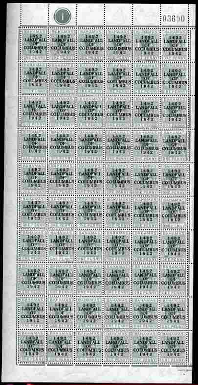 Bahamas 1942 KG6 Landfall of Columbus 1d pale slate complete left pane of 60 including plate varieties R1/1 & R 10/1 (damaged corners), R5/6 (Damaged O), R7/1 (Split P), ...