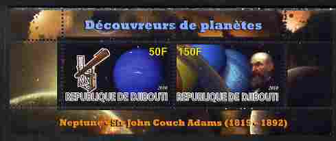 Djibouti 2010 Planets & Sir John Couch Adams perf sheetlet containing 2 values unmounted mint, stamps on , stamps on  stamps on personalities, stamps on  stamps on astronomy, stamps on  stamps on planets, stamps on  stamps on telescopes