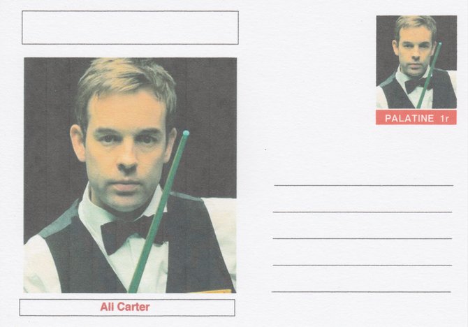 Palatine (Fantasy) Personalities - Ali Carter (snooker) postal stationery card unused and fine, stamps on , stamps on  stamps on personalities, stamps on  stamps on sport, stamps on  stamps on snooker