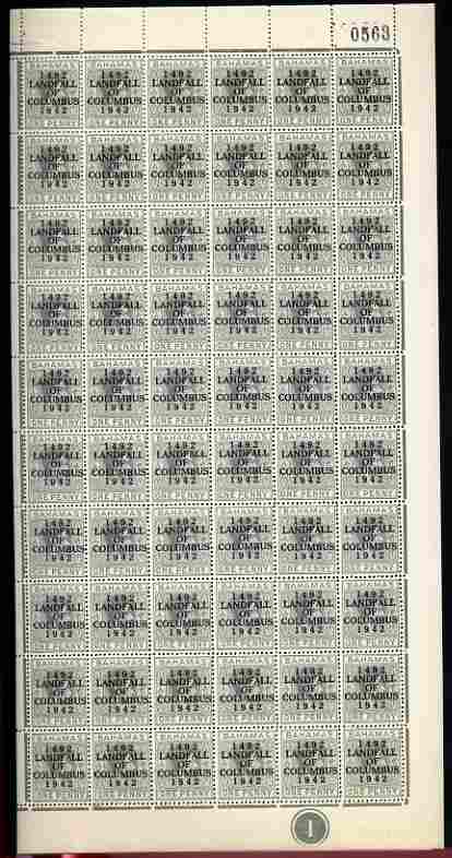 Bahamas 1942 KG6 Landfall of Columbus 1d pale slate complete right pane of 60 including plate varieties R10/4 (Damaged oval at 6 o