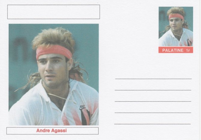 Palatine (Fantasy) Personalities - Andre Agassi (tennis) postal stationery card unused and fine, stamps on , stamps on  stamps on personalities, stamps on  stamps on sport, stamps on  stamps on tennis