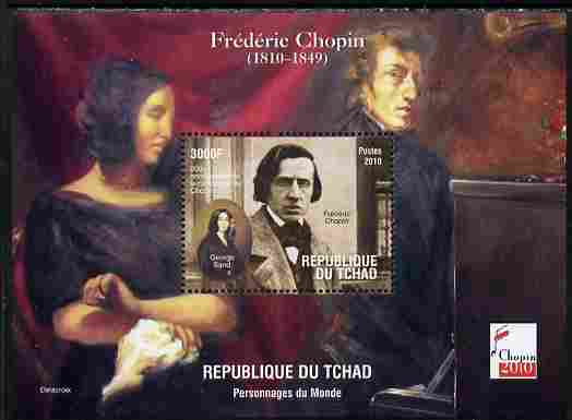 Chad 2010 200th Birth Anniversary of Chopin #4 perf souvenir sheet unmounted mint. Note this item is privately produced and is offered purely on its thematic appeal, stamps on , stamps on  stamps on personalities, stamps on  stamps on chopin, stamps on  stamps on music, stamps on  stamps on composers, stamps on  stamps on 