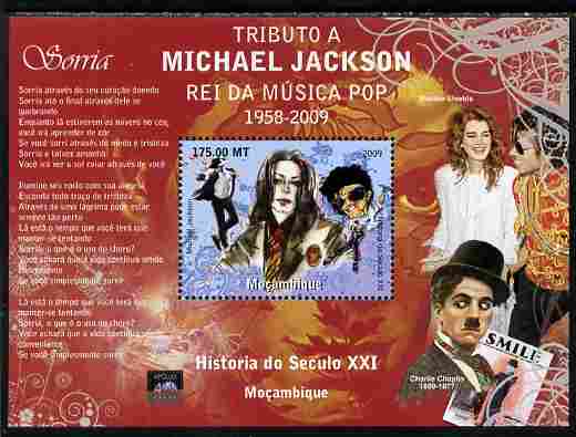 Mozambique 2010 Michael Jackson & Charlie Chaplin perf souvenir sheet unmounted mint. Note this item is privately produced and is offered purely on its thematic appeal, stamps on , stamps on  stamps on personalities, stamps on  stamps on jackson, stamps on  stamps on music, stamps on  stamps on rock, stamps on  stamps on pops, stamps on  stamps on comedy, stamps on  stamps on chaplin