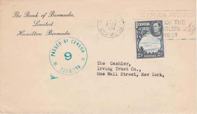 Bermuda 1939 Censored commercial cover to USA bearing 2.5d with machine cancel and fine PASSED BY CENSOR no.9 in green, a clean and attractive cover, stamps on , stamps on  stamps on bermuda 1939 censored commercial cover to usa bearing 2.5d with machine cancel and fine passed by censor no.9 in green, stamps on  stamps on  a clean and attractive cover