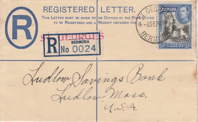 Bermuda 1941 registered cover to USA being on a 2d KG5 reg envelope uprated to 5d with  3d Lighthouse stamp, Bermuda registered label overprinted ST GEORGES in red, sligh..., stamps on 