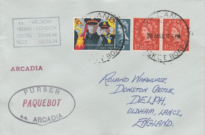 Great Britain used in Auckland (New Zealand) 1968 Paquebot cover to England carried on SS Arcadia with various paquebot and ships cachets, stamps on paquebot