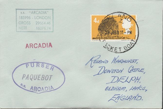 Great Britain used in Auckland (New Zealand) 1968 Paquebot cover to England carried on SS Arcadia with various paquebot and ships cachets, stamps on paquebot