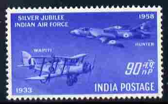 India 1958 Silver Jubilee of Indian Air Force 90np unmounted mint SG 398, stamps on , stamps on  stamps on aviation