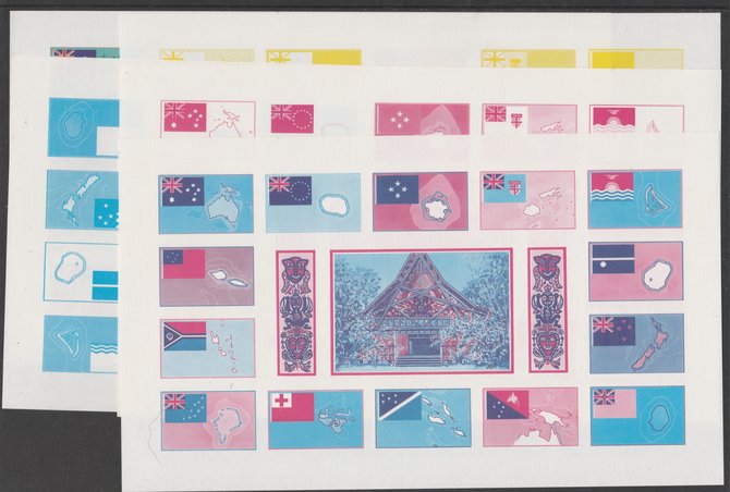 Tuvalu 1986 South Pacific Forum complete set of 14 plus label - the set of 5 imperf proof sheets comprising 3 individual colours (magenta, cyan & yellow) with 2-colour an..., stamps on flags, stamps on maps