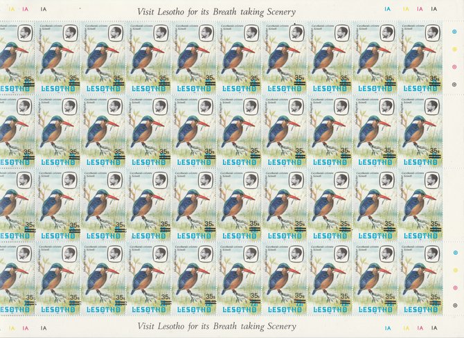 Lesotho 1986-88 Provisional surcharge 35s on 25s Malachite Kingfisher, the complete sheet of 40 with the scarce 1981 imprint date (SG720b) and containing 11 examples of the small D5sD5 variety found in positions 1/5, 1/6, 1/8, 1/9, 2/6, 2/7, 2/8, 3/5,4/4, 4/6, and 4/8. The total catalogue value is thus 11 x A3100 plus 29 x A350 = A32,550 and offered here at less than 16% of cat value, stamps on , stamps on  stamps on flags, stamps on  stamps on maps   