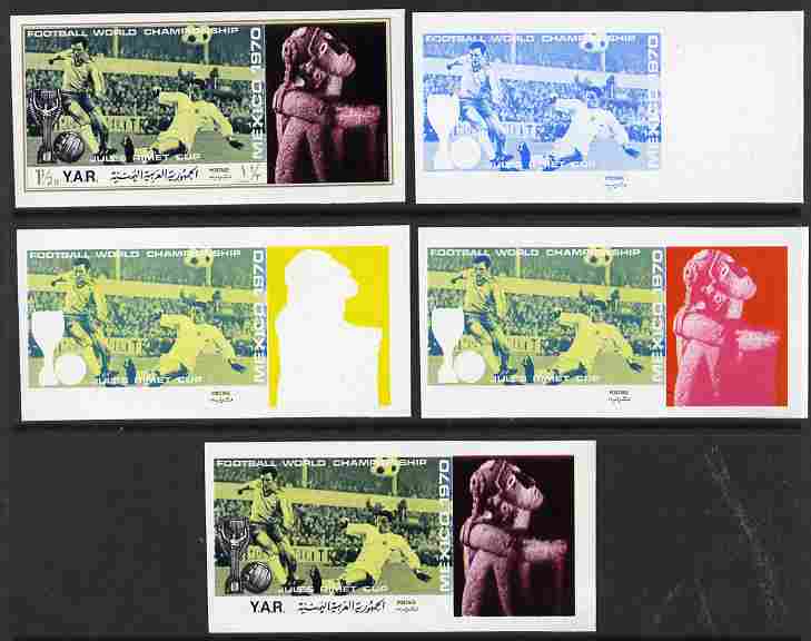 Yemen - Republic 1970 Football World Cup - 8th issue 1.5B the set of 5 imperf progressive proofs comprising 1, 2, 3, 4 and all 5-colour composites unmounted mint as Mi 11..., stamps on sport, stamps on football