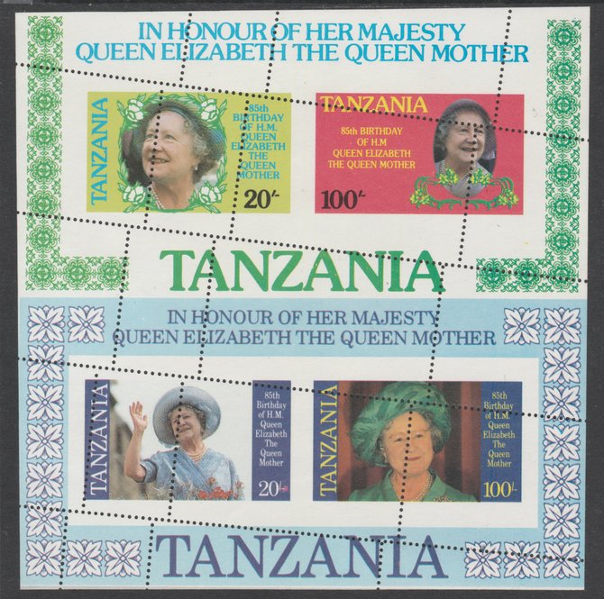 Tanzania 1985 Queen Mother the two m/sheets se-tenat from uncut archive sheet showing several oblique misplaced perforation strikes, stamps on , stamps on  stamps on tanzania 1985 queen mother the two m/sheets se-tenat from uncut archive sheet showing several oblique misplaced perforation strikes