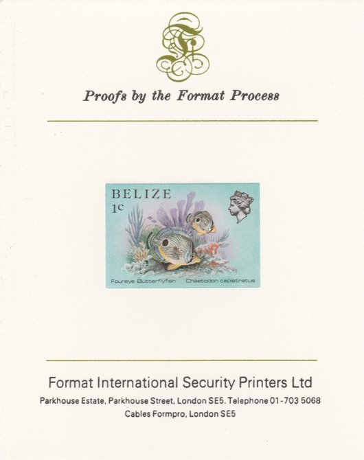 Belize 1984-88 Butterflyfish 1c def imperf proof mounted on Format International proof card as SG 766, stamps on fish, stamps on marine-life