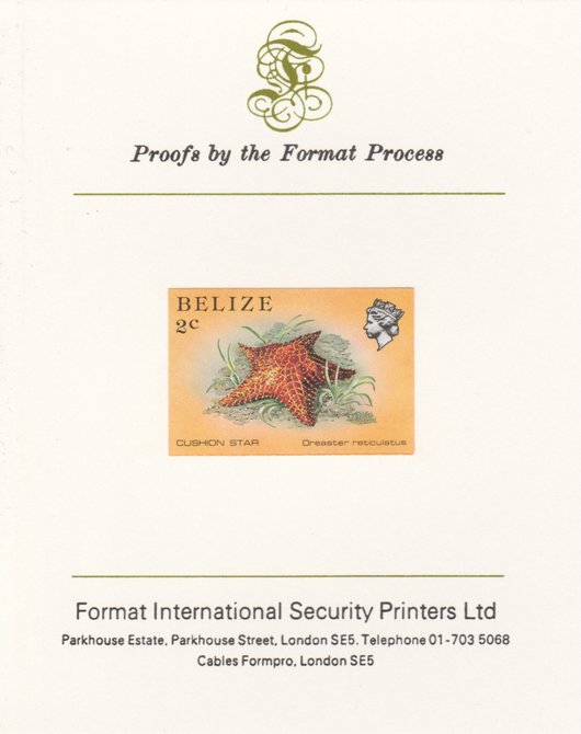 Belize 1984-88 Cushion Star 2c def imperf proof mounted on Format International proof card as SG 767, stamps on , stamps on  stamps on marine-life