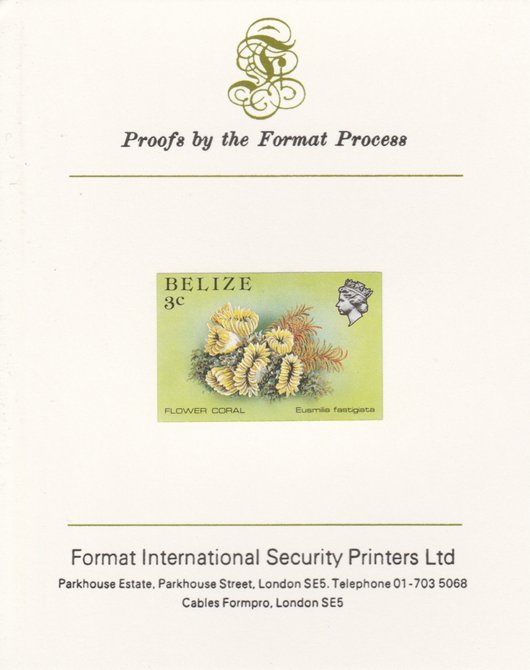 Belize 1984-88 Flower Coral 3c def imperf proof mounted on Format International proof card as SG 768, stamps on coral, stamps on marine-life