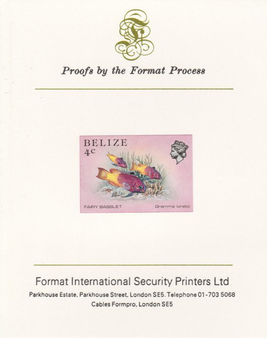 Belize 1984-88 Fairy Basslet 4c def imperf proof mounted on Format International proof card as SG 769, stamps on , stamps on  stamps on fish     marine-life