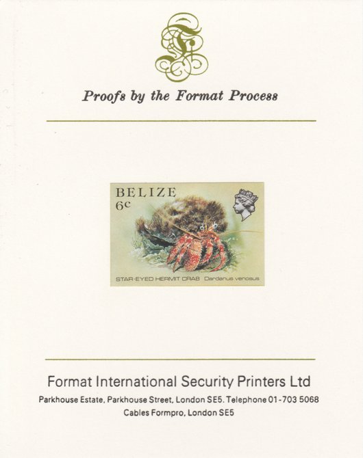 Belize 1984-88 Hermit Crab 6c def imperf proof mounted on Format International proof card as SG 771, stamps on crabs, stamps on marine-life