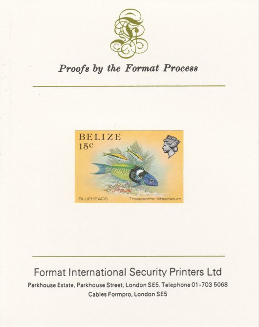 Belize 1984-88 Blueheads 15c def imperf proof mounted on Format International proof card as SG 773