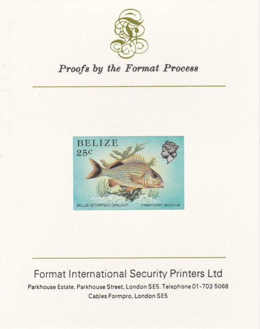 Belize 1984-88 Blue-striped Grunt 25c def imperf proof mounted on Format International proof card as SG 774, stamps on fish, stamps on marine-life
