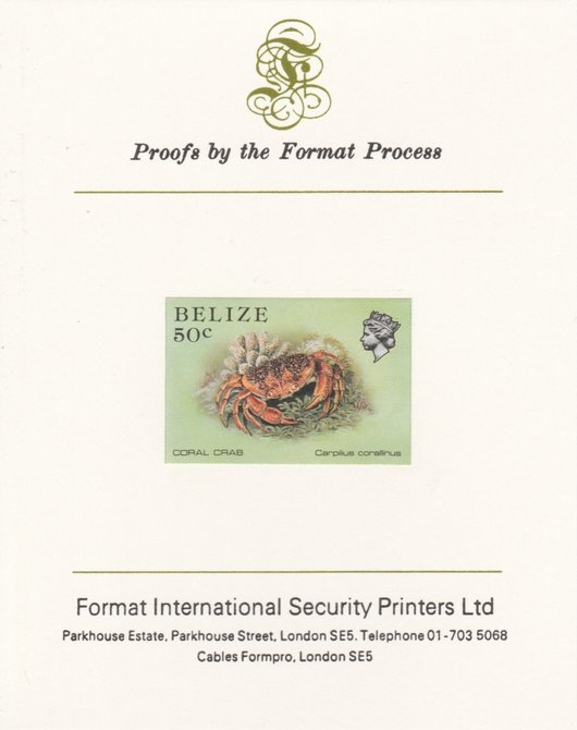 Belize 1984-88 Coral Crab 50c def imperf proof mounted on Format International proof card as SG 775, stamps on crabs, stamps on marine-life