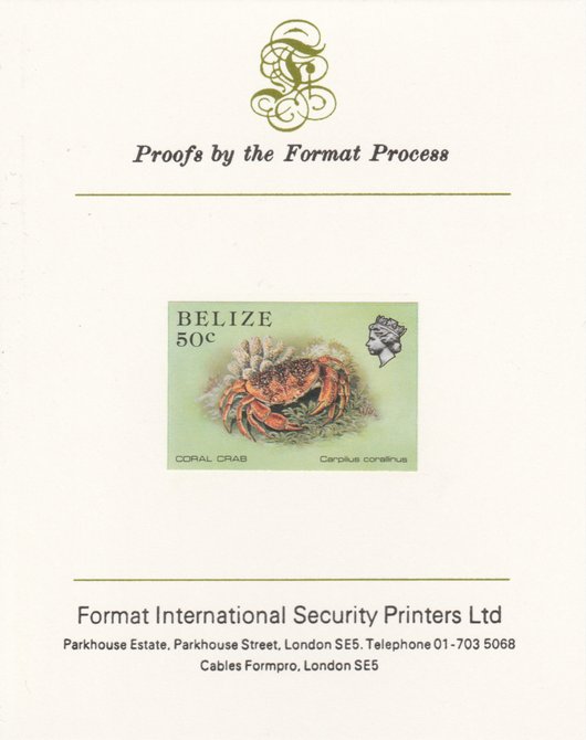 Belize 1984-88 Coral Crab 50c def imperf proof mounted on Format International proof card as SG 775, stamps on , stamps on  stamps on crabs   marine-life