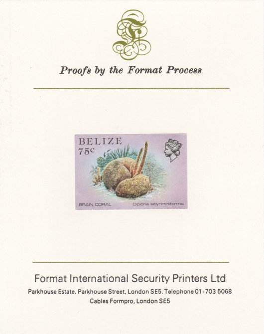 Belize 1984-88 Brain Coral 75c def imperf proof mounted on Format International proof card as SG 777, stamps on coral     marine-life