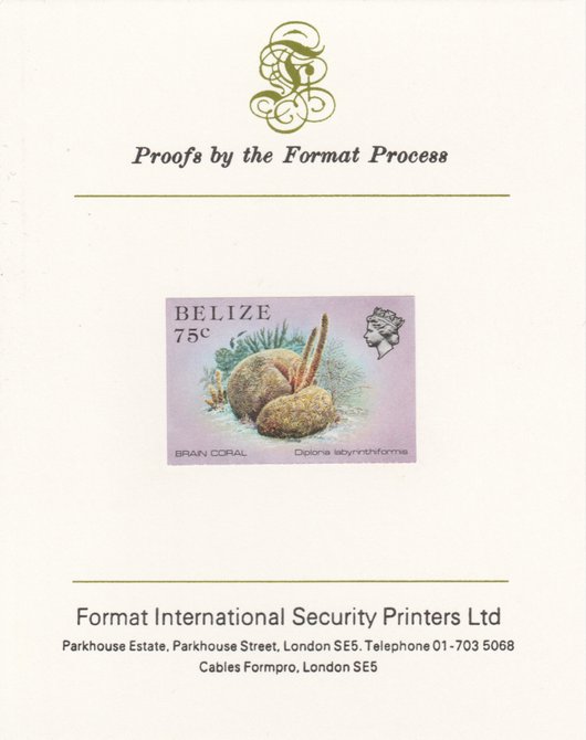 Belize 1984-88 Brain Coral 75c def imperf proof mounted on Format International proof card as SG 777, stamps on coral, stamps on marine-life