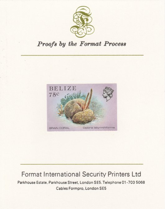 Belize 1984-88 Brain Coral 75c def imperf proof mounted on Format International proof card as SG 777, stamps on , stamps on  stamps on coral     marine-life