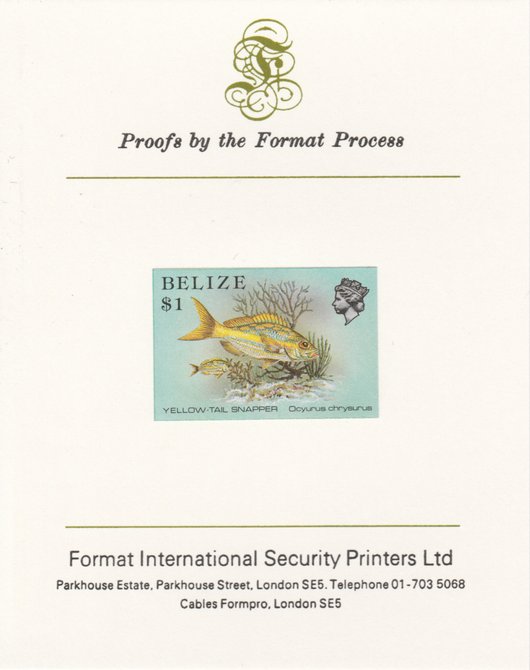 Belize 1984-88 Snapper fish $1 def imperf proof mounted on Format International proof card as SG 778, stamps on fish, stamps on marine-life