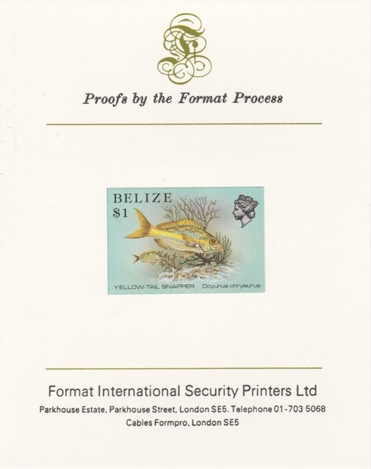 Belize 1984-88 Snapper fish $1 def imperf proof mounted on Format International proof card as SG 778, stamps on , stamps on  stamps on fish     marine-life