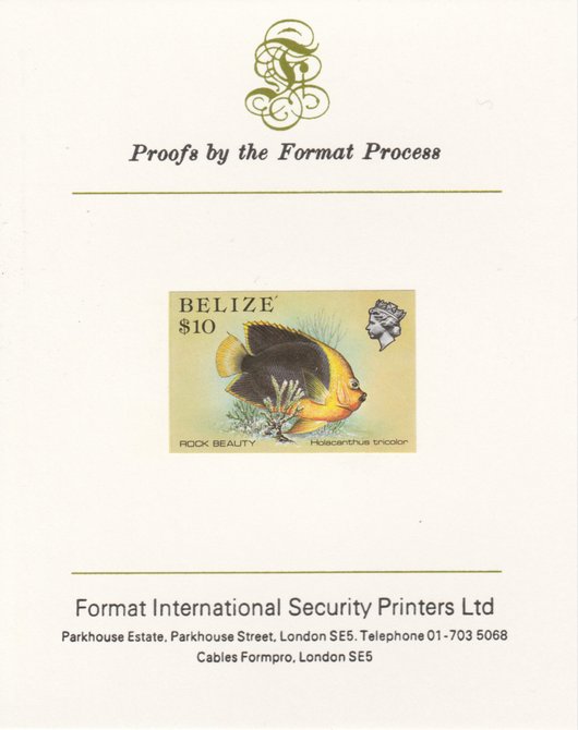 Belize 1984-88 Rock Beauty $10 def imperf proof mounted on Format International proof card as SG 781, stamps on fish, stamps on marine-life