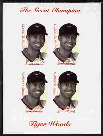 Somaliland 2000 Tiger Woods (The Great Champion) imperf sheetlet containing 4 x 12,000sl values unmounted mint. Note this item is privately produced and is offered purely on its thematic appeal, stamps on , stamps on  stamps on personalities, stamps on  stamps on sport, stamps on  stamps on golf