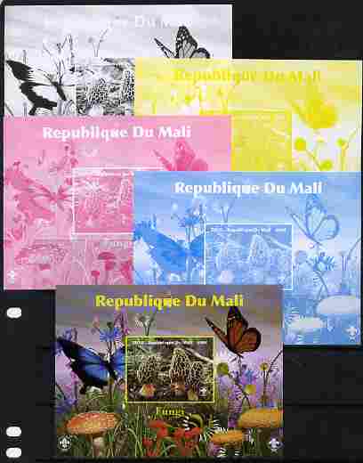 Mali 2010 Fungi #1 s/sheet with Butterflies & Scouts Logo - the set of 5 imperf progressive proofs comprising the 4 individual colours plus all 4-colour composite, unmounted mint, stamps on , stamps on  stamps on fungi, stamps on  stamps on butterflies, stamps on  stamps on scouts